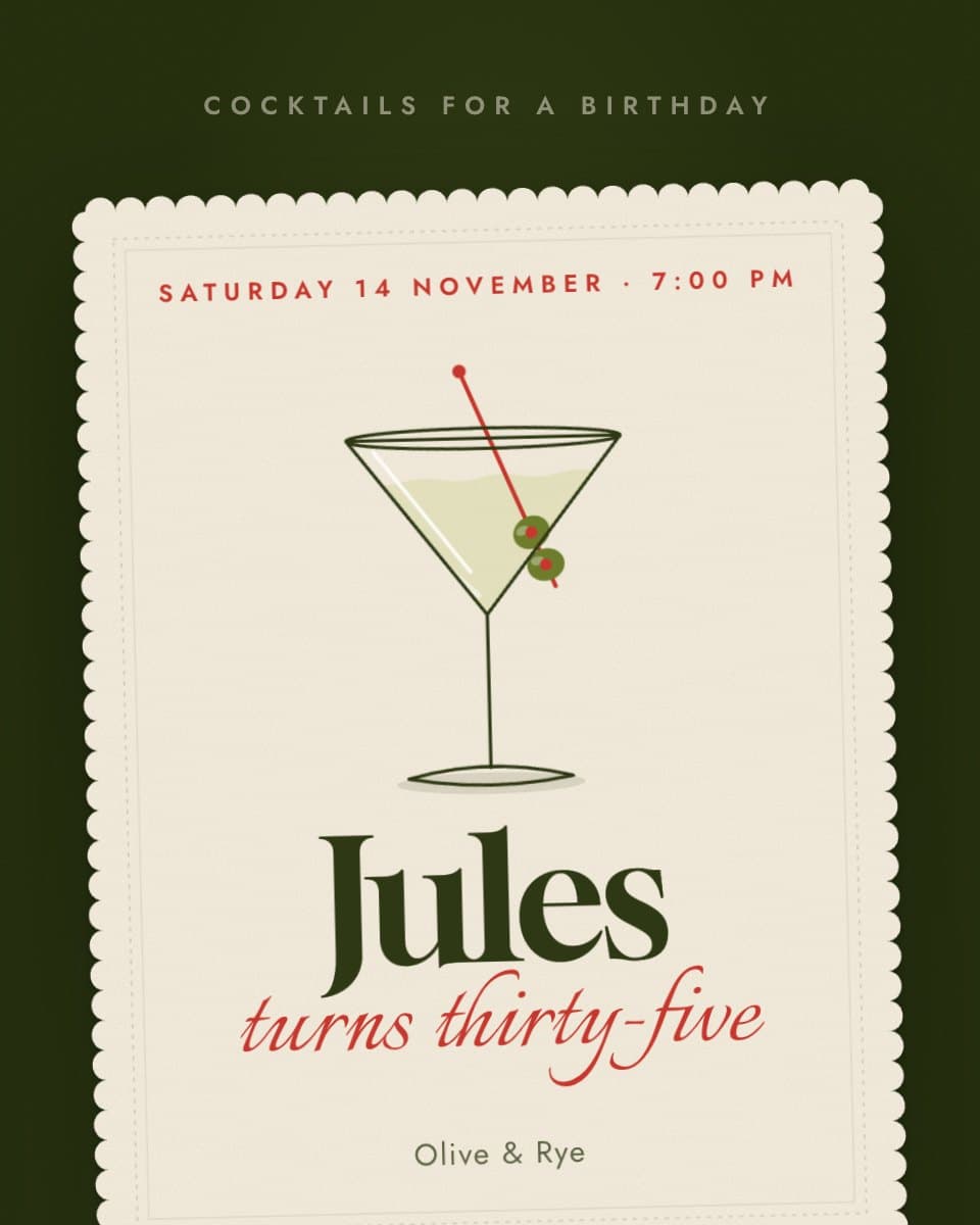 Dirty Martini birthday invitation design