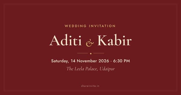 The link preview guests see: Aditi & Kabir, wedding invitation